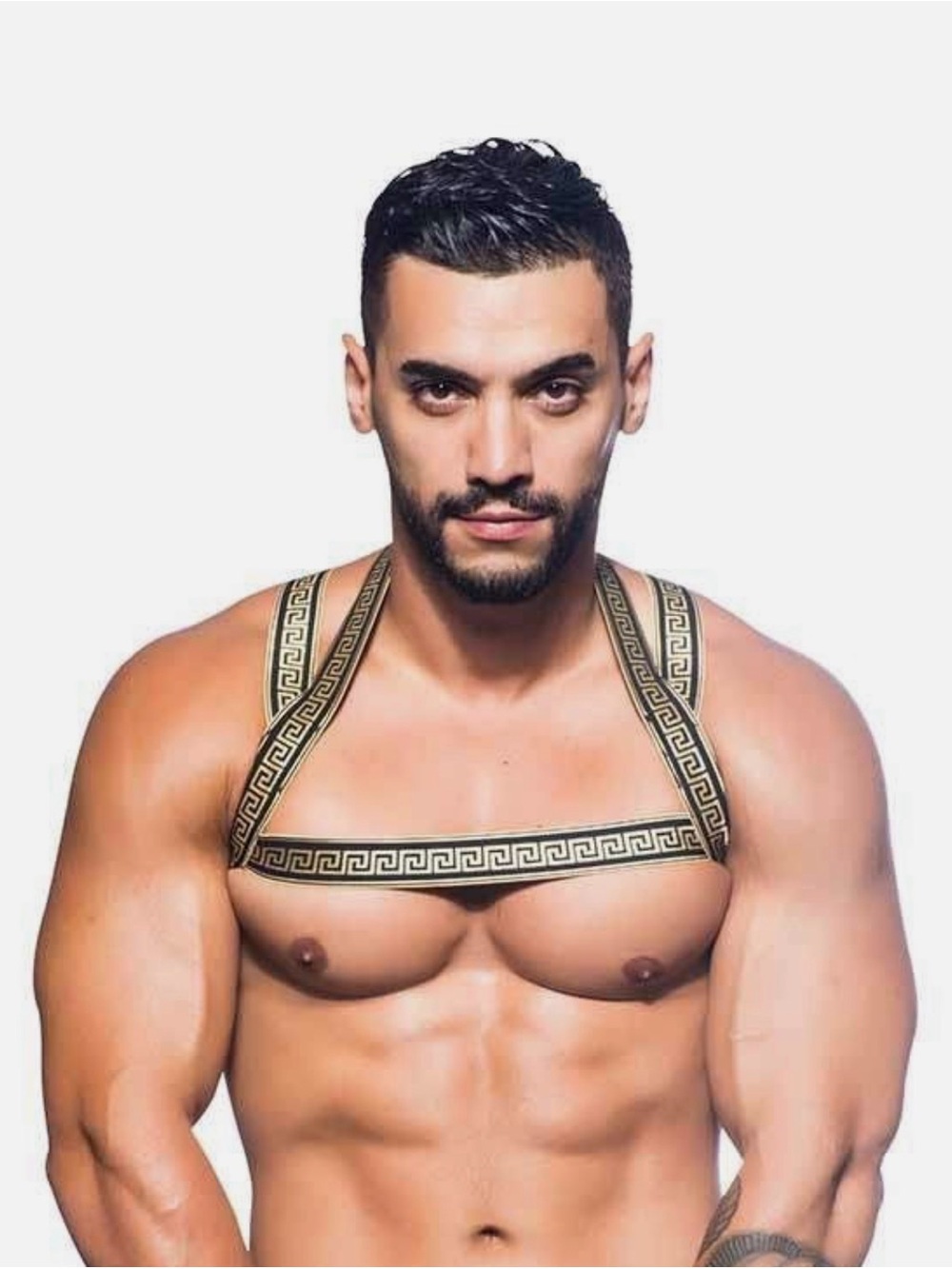 Andrew Christian Massive Gladiator gold and black harness.